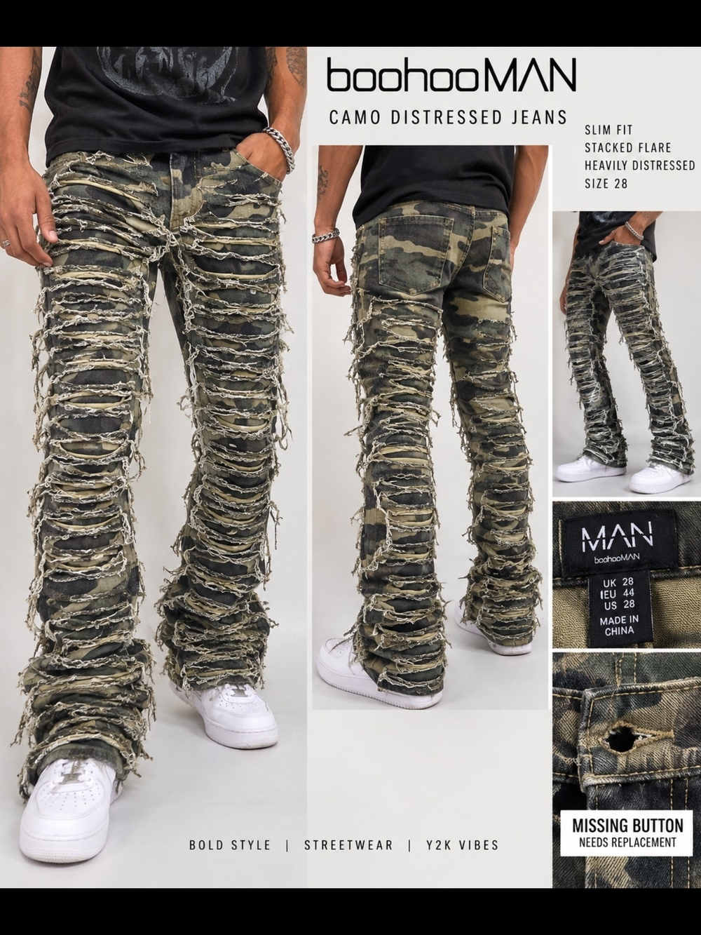 Boohoo Camo Distressed Jeans - Olive Camo